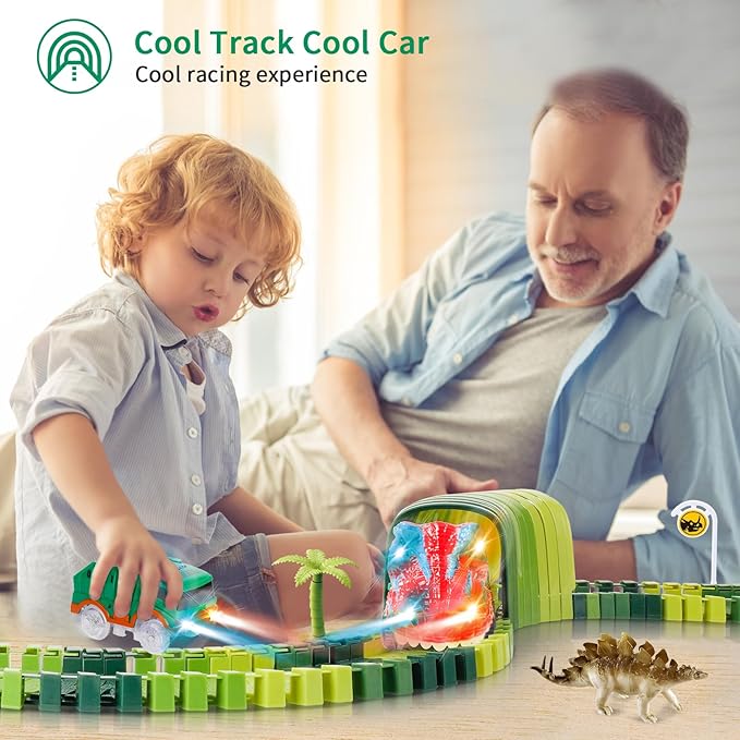 Dinosaur Race Track Toys for Kids Toddlers,206PCS Create A Dinosaur World Road Race, Birthday Gift Dinosaur Toys for 3 4 5 6 7 8Years Old Boys and Girls,Flexible Train Tracks with 2 Race Cars