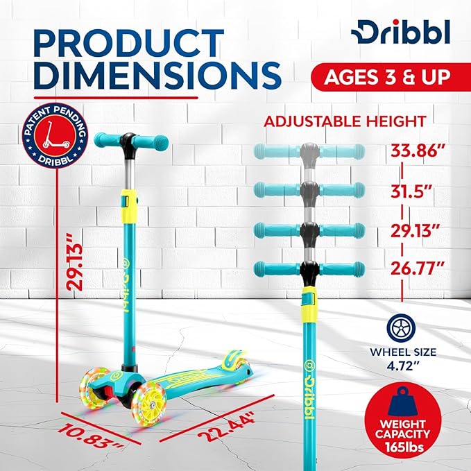 3-Wheel Kids Scooter - Lean-to-Steer Technology, Adjustable Height Handlebar, Wide Deck, Scooter for Boys & Girls Ages 3+, Child Safety Approved, Support Riders Up to 165 lbs, Aqua and Yellow