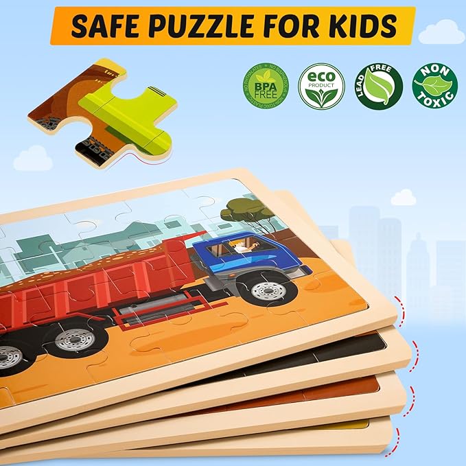 Wooden Vehicle Puzzles for Kids Age 3 4 5 Year Old, 4 Pack 24 Pcs Montessori Toddler Jigsaw Puzzles for Girl boy Activities Preschool Learning Educational Birthday Gift Travel Autistic Wooden Toys