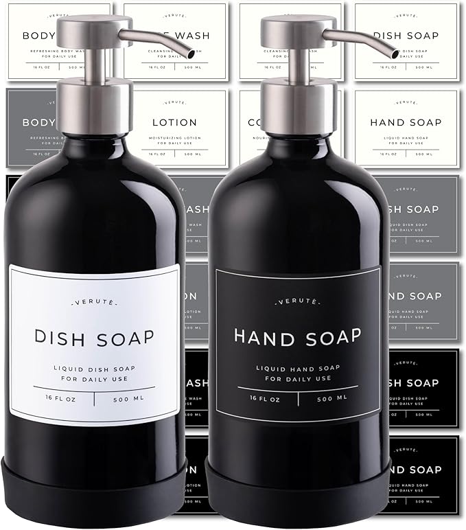 16oz Glass Soap Dispenser with Stainless Steel Pump, 21 Waterproof Labels, Non-Slip Protective Silicone Pad, Set of 2 for Bathroom & Kitchen (Gloss Black Bottle/Brushed Silver Pump)