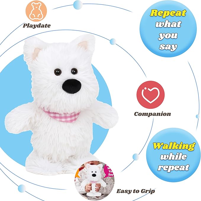 Hopearl Talking Singing Westie with Pink Bib Repeats What You Say Dog Walking Puppy Electric Interactive Animated Toy Speaking Plush Buddy Gifts for Toddlers, White, 9''