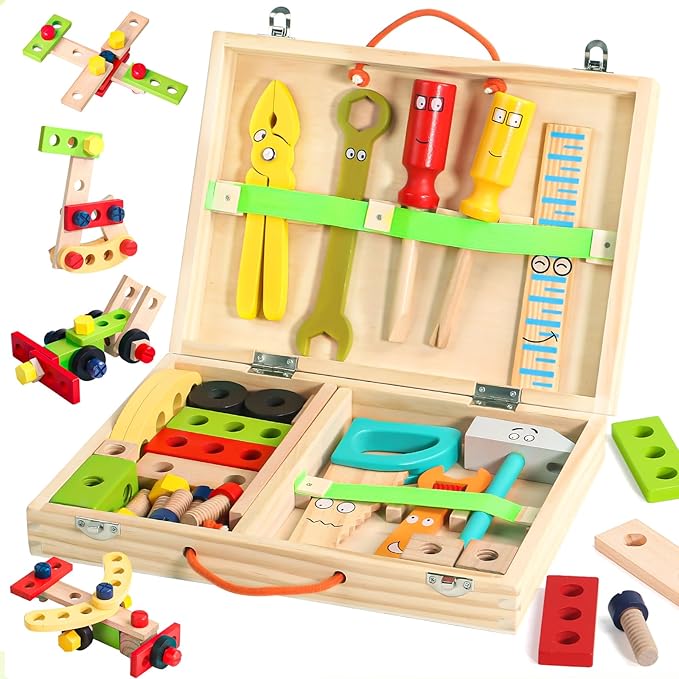 TONZE Kids Tool Set Wooden Toddler Tools Montessori Toys for 3 4 Year Olds, 34 PCS Educational STEM Construction Toys Pretend Play Toddler Tool Set Birthday Gift for Age 3-4 Boys & Girls