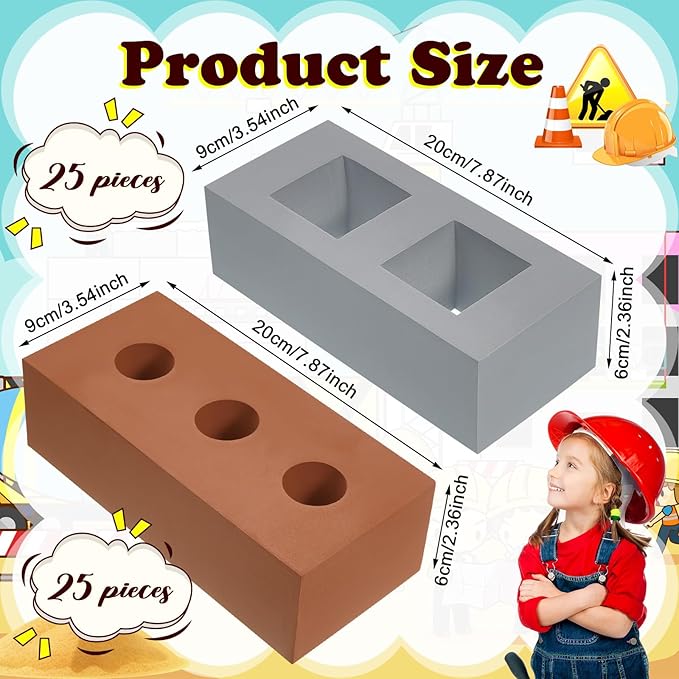 Zhanmai 50 Pack Foam Bricks Building Blocks for Kids Foam Cinder Blocks Large Fake Bricks Toy for Stacking and Construction 8 x 4 x 2.4 Inches(Square Round)