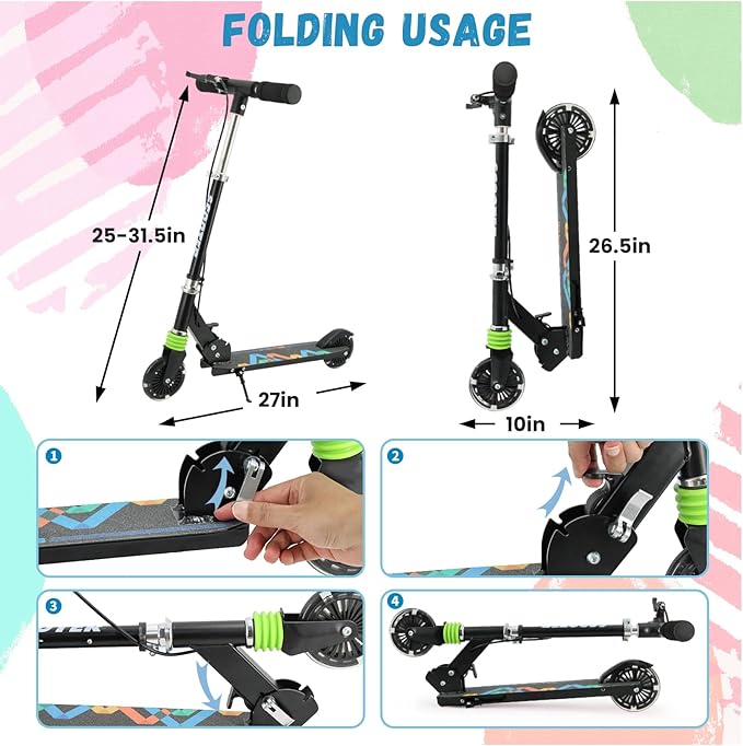 TENBOOM Scooter Kids Scooter with Handbrake, Toddler Scooter Scooters for Kids 3+, Light up LED Wheels Toys for Kids, Adjustable Handlebar, Foldable Scooter for Kids