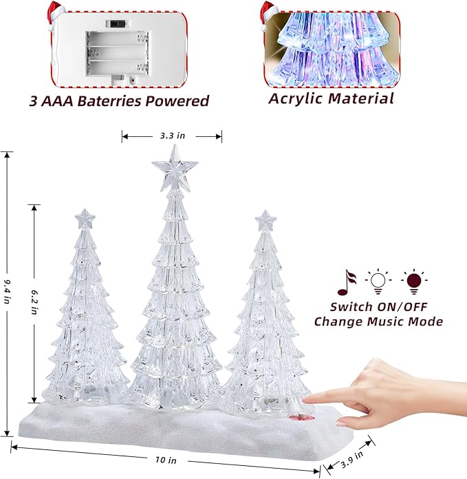 Tabletop Christmas Tree with Light and Music - Battery Operated Crystal Clear Acrylic Christmas Tree Light with 8 Christmas Songs for Tabletop Home Office Holiday Decorations Gift, Multi-Color