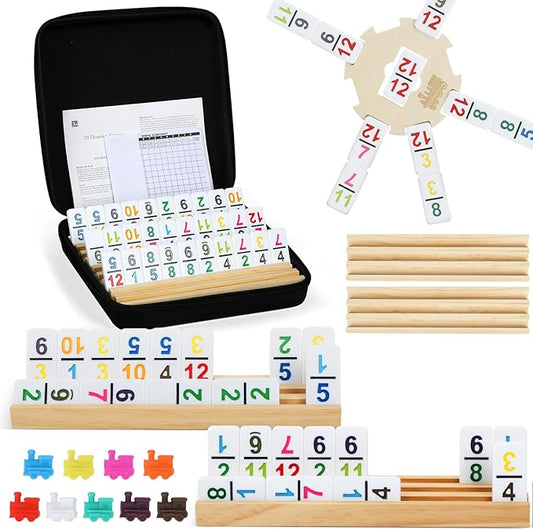 BATURU Double 12 Mexican Train Dominoes Set, Dominos Set for Adults - 91 Numer Tiles with Carry Case, Fun Board Games for Adults & Family Game Night, Travel Games, Easter Basket Stuffers (4 Racks)