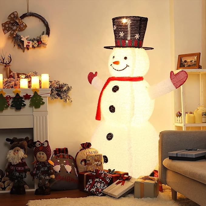 Alupssuc 5ft Pop-Up White Snowman, Large Outdoor Decor Collapsible with Warm-White Lights and Snow Velvet Appearance, Perfect for Outdoor/Indoor Christmas Decorations, Holiday Garden Yard Decor