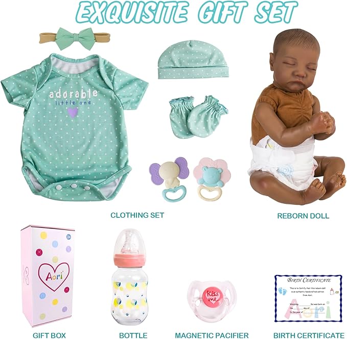 Aori Lifelike Reborn Baby Dolls Black - 18 Inch Realistic Newborn Baby Dolls Black American Real Life Babies Dolls Cloth Body with Feeding Kit & Gift Box for Kids Age 3+