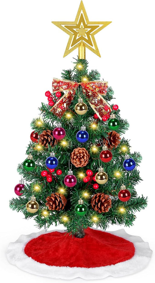 24 Inch Small Tabletop Christmas Tree with Tree Skirt, Christmas Pine Tree with 50 LED Lights, Star Treetop and Ornaments, Artificial Mini Christmas Tree Home Table Christmas Decorations