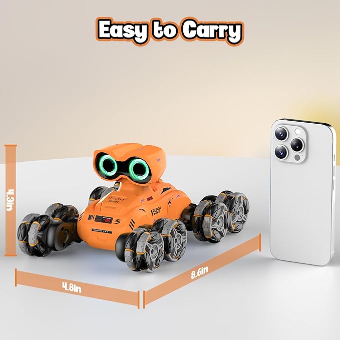 Robot Toy, 8 Wheels Stunt Robot Toys with 2.4Ghz, Auto-Demonstration, 360° Rotation, LED Eyes，Easy Kid-Friendly Controls for Indoor/Outdoor Play, Gifts and Toys for Kids Aged 8-13, Orange