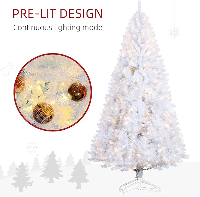 HOMCOM 7.5' Tall Prelit Christmas Tree Douglas Fir Artificial Christmas Tree with Realistic Branches, 500 Warm White LED Lights and 1346 Tips, White