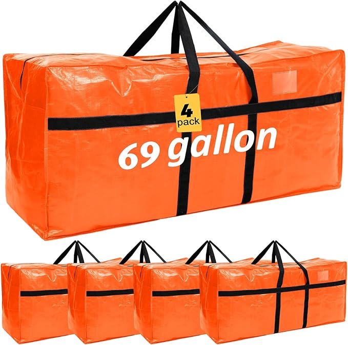 Windyun 4 Pack 69 Gallon Extra Large Storage Bags XXL Moving Bags with Zipper Handles Heavy Duty Jumbo Big Totes Box for Halloween Skeleton 4-12 Feet Christmas Tree Storage College Dorm Cloth (Orange)
