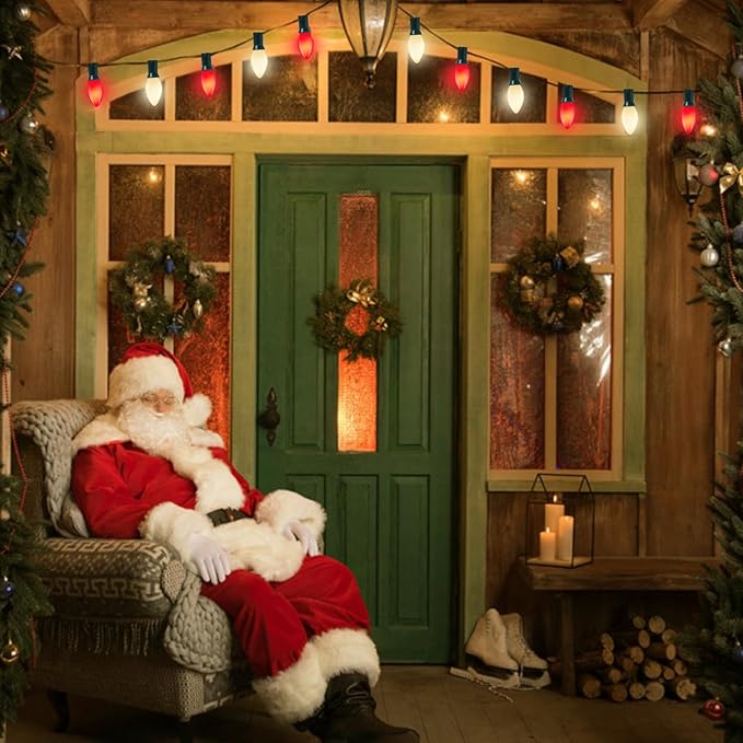 C7 LED Red and White Christmas Lights, 25Ft Outdoor Christmas Decorations Light with 27 Shatterproof LED Bulbs, Hanging Vintage Christmas Lights for Christmas Tree Roofline Holiday Party Backyard