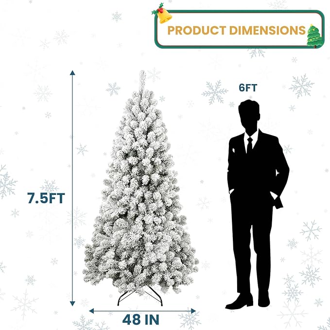 Kadunmina 7.5ft Artificial Christmas Tree, Premium Unlit Hinged Snow Flocked Xmas Tree with 1200 Branch Tips, Realistic Holiday Full Trees with Foldable Metal Stand for Home,Office,Green & White