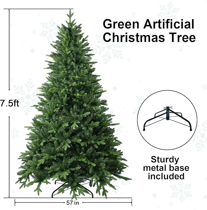 7.5 FT Artificial Christmas Tree with 2239 PE&PVC Mixed Branch Tips, Unlit Hinged Premium Spruce Fake Xmas Trees, Green, Foldable Base