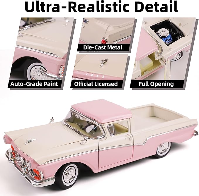 1957 Ford Ranchero 1:18 Diecast Model Officially Licensed Alloy Collection Car w/Working Doors & Hood, Classic Pickup Best Gift for Men, Dad & Kids 14+ Years (Pink)
