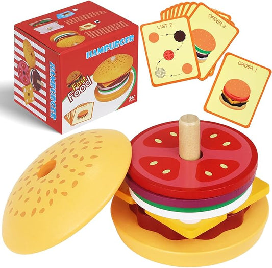 Toddler Montessori Toys for 3 4 5 Year Old Boy Girl, Pretend Play Toy Fake Food for Ages 3-5 Kids Gifts, Stacking Wooden Building Blocks Educational Puzzles Games for Preschool Classroom (Hamburger)