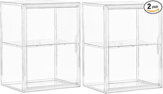 Acrylic Display Case for Collectibles, Clear Storage Bin with 3 Adjustable Layers and1 Removable Divider, Stackable Clear Storage Box with Magnetic Door for Figures, Home or Office,Large,2Pack