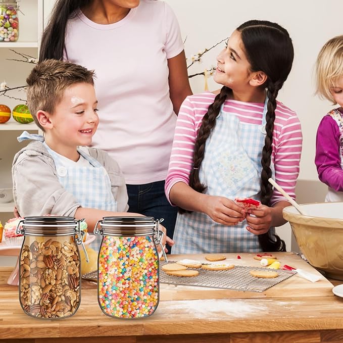 2 Pcs PET Plastic Storage Jar with Clamp Lid Empty Food Storage Container Bottle Large Refillable Canister For Nuts Sugar Coffee Candy Cookie Tea Spices And More (amber, 1000ml/33oz)