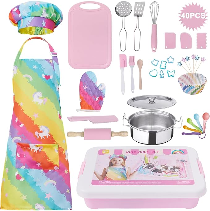 42 Pieces Kids Real Cooking Set,Kids Knife Set, Kids Baking Set,Cookware,Kids Play Pots and Pans,Mini Stainless Steel Pretend Play Cooking Toys,Apron and Chef Hat for Girls,Sensory Toys