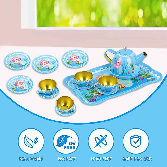 Mermaid Tea Party Set for Little Girls Ages 3-6, 15-Piece Pretend Play Kitchen Toys with Teapot, Cups, Plates & Storage Case, Princess Gift Set (Blue)