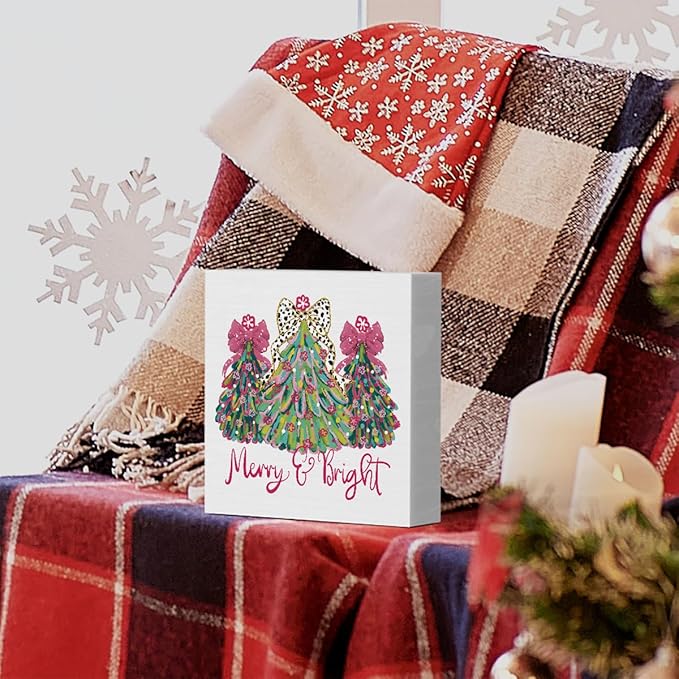 Pink Merry Christmas Wall House Decor Merry and Bright Christmas Tree Coquette Sign, Office Home Decor for Desk Table Shelf 5 X 5 inch