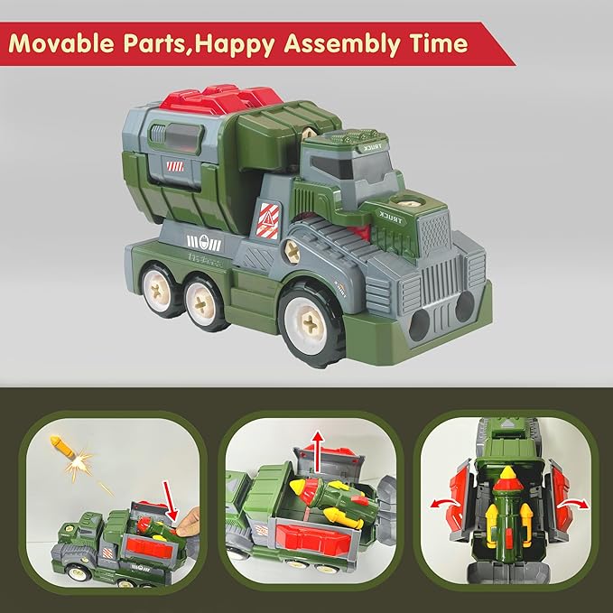 11inches Large Take Apart Toys Army Trucks for Boys Girls Kids 3-5 6-8 Year Old Military Missile Vehicles Electric Drill Set Assembly Toy Gifts