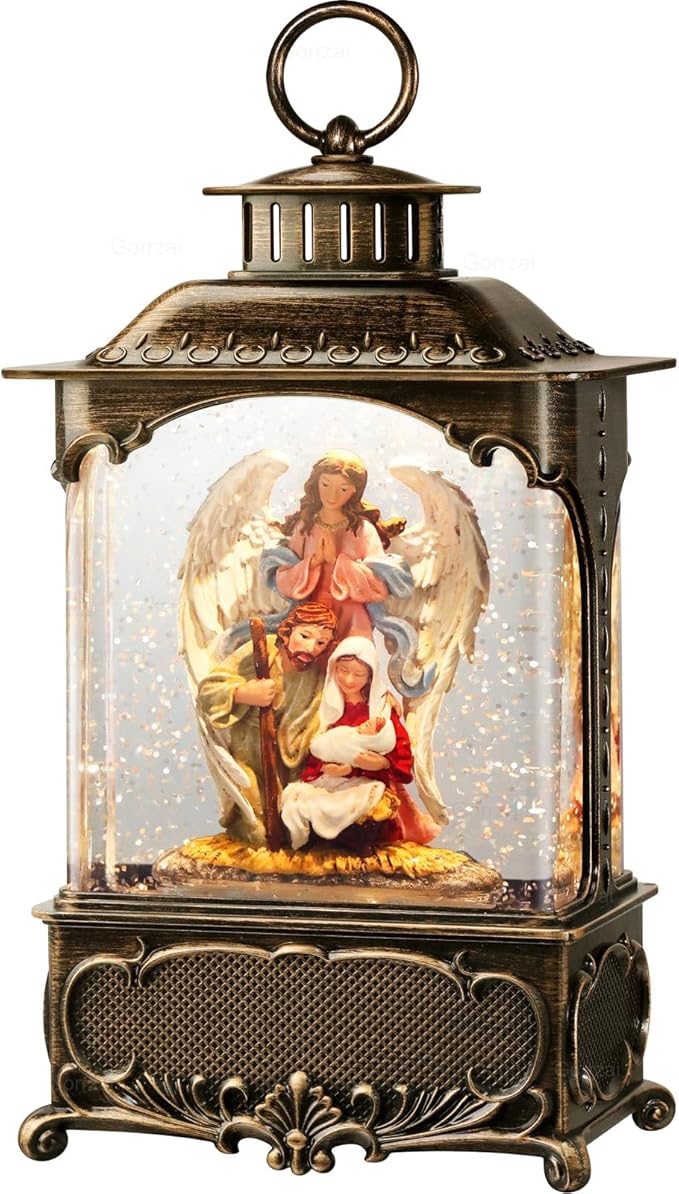 Nativity Snow Globe Angel Christmas Snow Globe Lantern, Lighted Musical Christmas Decorations Indoor for Home with Music 6H Timer Swirling Glitter, Jesus, USB or Battery Operated