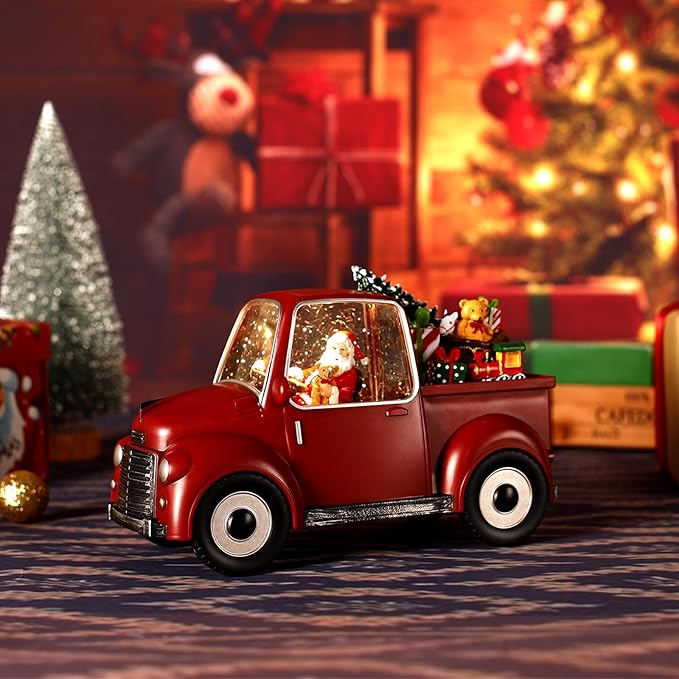 Musical Red Truck Snow Globe with Swirling Glitter with Santa, Christmas Tree,Gifts,Bear,Small Train,Christmas Decoration
