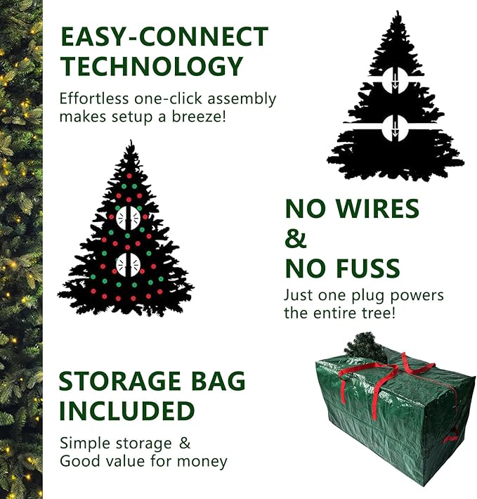 7.5ft Prelit Christmas Tree with 798 Warm White & Multi-Color LED Lights 1900 Branch Tips 3-Minute Quick Power Connect Pencil Xmas Tree for Holiday Decor Home and Party