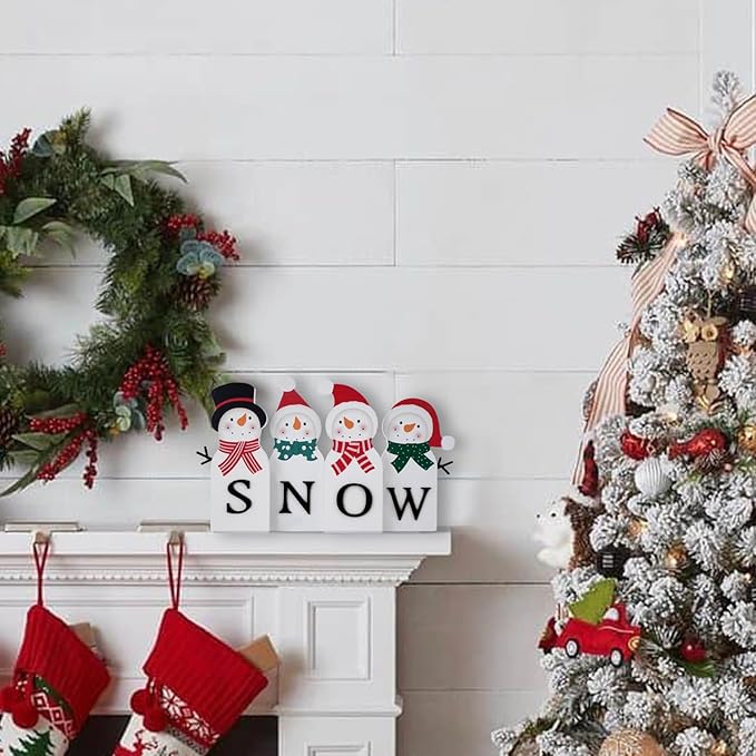 Christmas Decorations for Home Farmhouse Snowman Decor Indoor Wooden Merry Christmas Sign Rustic Holiday Tabletop Block Xmas Party Gift