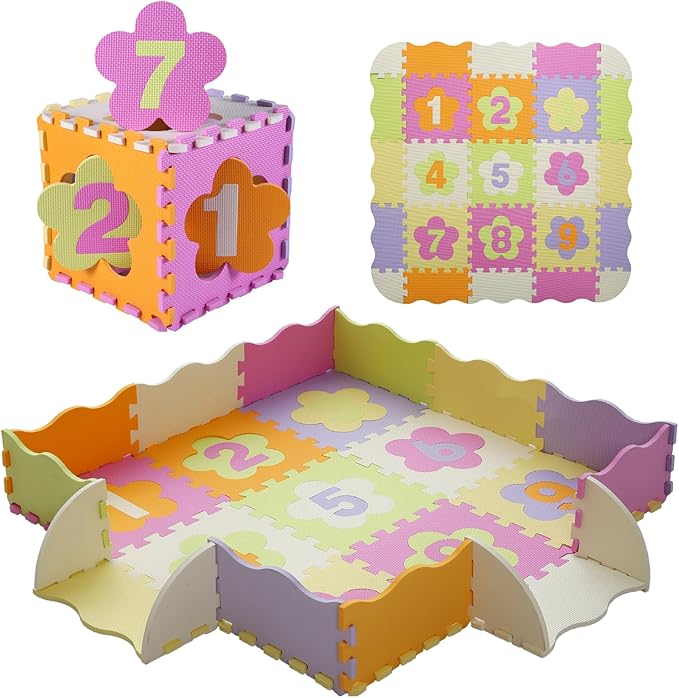Foam Play Mat for Kids，25Pcs Square Interlocking Puzzle Floor Mat，Baby Play Mat Floor Mat Foam Puzzle Playmat for Toddlers with Fence（Number-CSH011