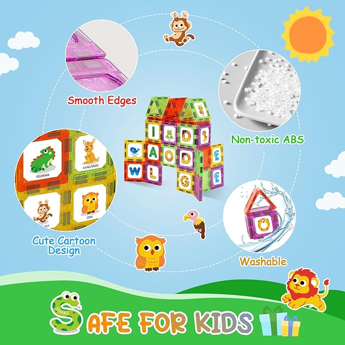Magnetic Tiles Letters Learning Toys, Animals Alphabet ABC Magnets for Kids 1-3 2-4 3-5 4-8, Toddlers Classroom Must Haves 48PCS Stacking Toys, Homeschool Essentials for Preschool Spelling Game