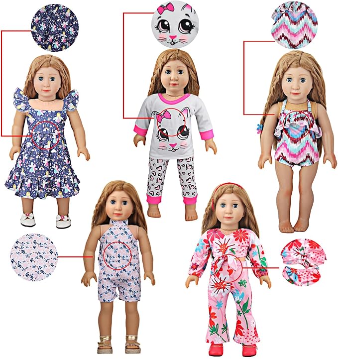 10 Sets of 18 Inch American Doll Clothes, Including 10 of Doll Clothing Dress Outfits for American Dolls, Birthday Gifts for Kids