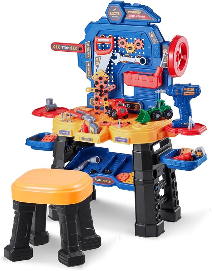 VEVOR Kids Workbench, 181 pcs, Kids Tool Bench with Realistic Tools and Electric Drill, Pretend Play Construction Workbench Toys for Toddlers, Toddler Work Bench Learning Gift for Boys & Girls Age 3+