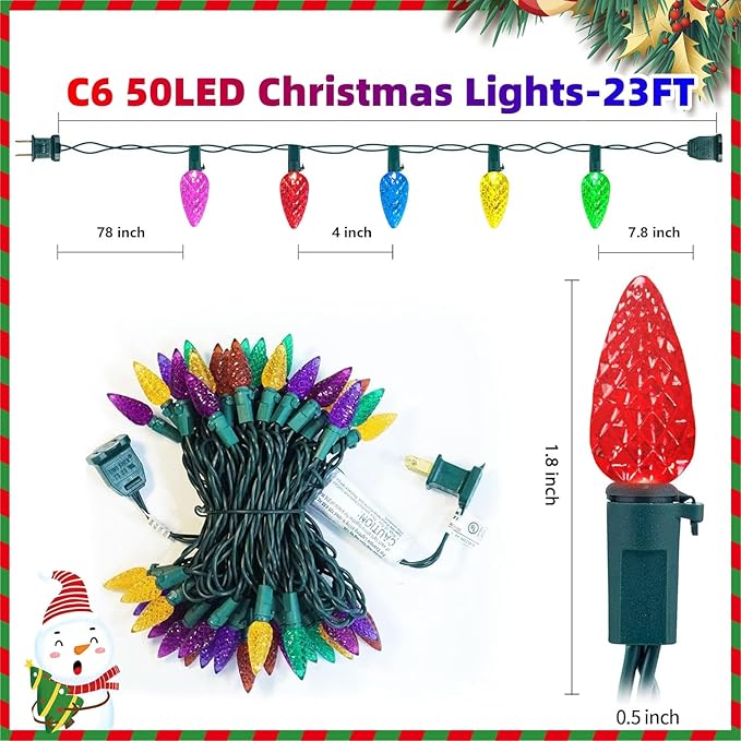 50LED C6 Christmas Lights 23FT Connectable Plug-in String Lights for Indoor Outdoor Xmas Tree Garden Patio Party Decor Multi-Color