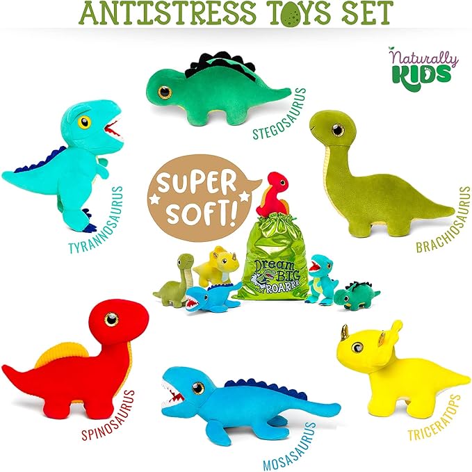 Naturally KIDS Stuffed Animal, Toddler Gifts for Boys, Girls, Plush Dinosaur Toys Set 6
