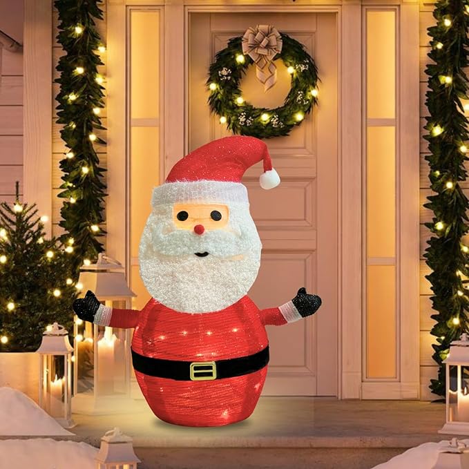 Lighted Pop-UP Christams Santa Claus Decorations, 27 Inch Santa with 45 LED Lights, Battery Powered Collapsible Pre-lit Santa for Indoor Outdoor Christmas Decorations Garden Yard Xmas Decor, Timer