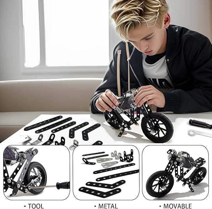 Metal Model Motorcycle Kits - 117 Pcs Erector Sets for Boys Age 8-12, Motobike Building Toys, STEM Kits for Kids Age 8-10, Assembly Car Project for 14 and Up, Gifts for 15 16 Year Old Boys and Adults