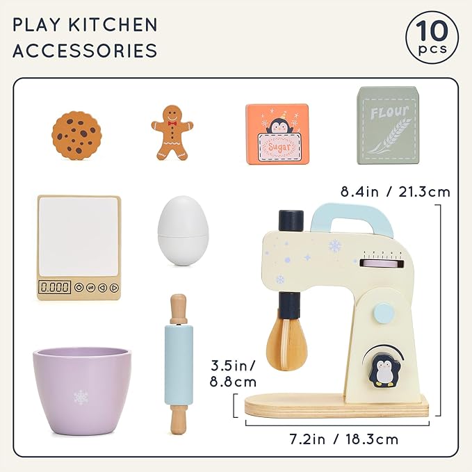 PairPear Wooden Toy Mixer for Kids Kitchen Playset –10 Piece Play Mixer Wooden Play Food Kitchen Cookie Bakery Toys, Kids Mixer Play Kitchen Accessories for Age 3+ Girls and Boys