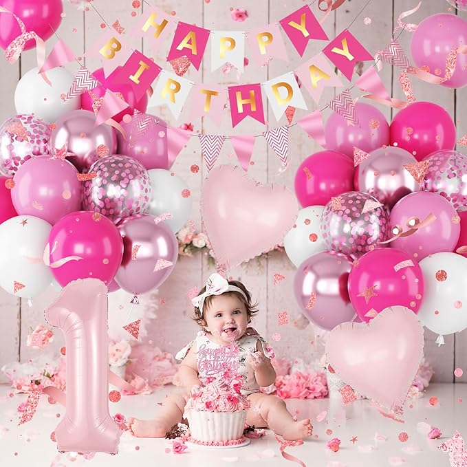 1st Birthday Decorations Girls, Pink First Birthday Balloon Set Hot Light Pink White Confetti Balloons Number 1 Balloon Heart Bday Banner Cake Topper for Baby Girl Princess 1 Year Old Bday Party Decor
