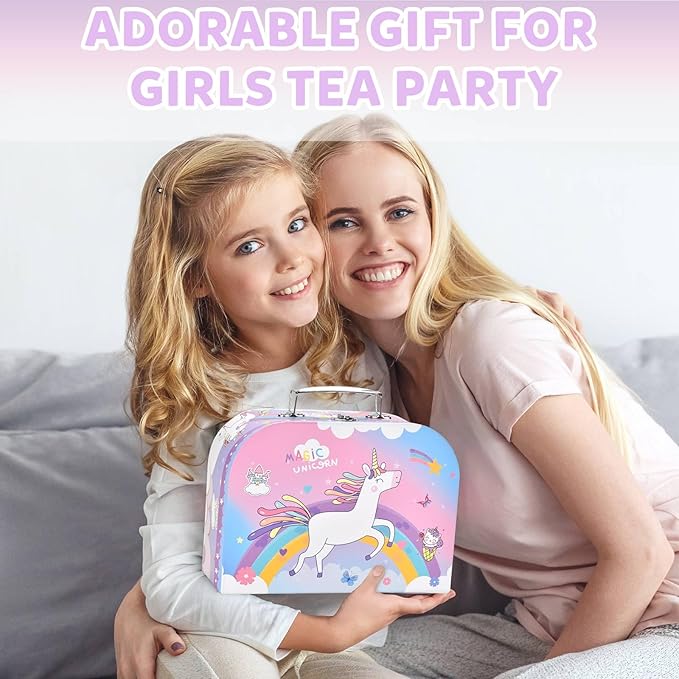 Unicorn Tea Party Set for Little Girls, Pretend Plastic Teapot Set, Princess Tea Time Play Kitchen Toy with Dessert, Carrying Case for Birthday Easter Gifts Kids Toddlers Age 3 4 5 6