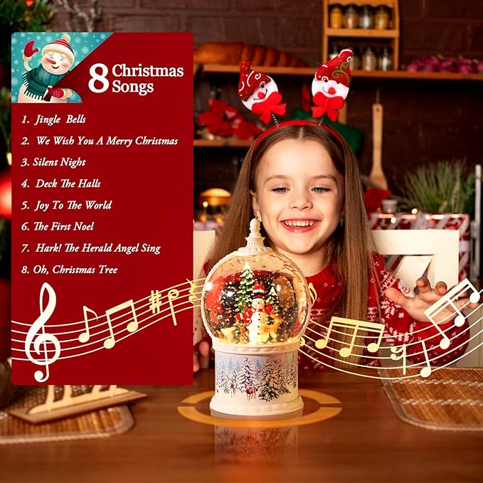 Christmas Snow Globes 10.2 Inch Christmas Music Spinning Snow Globe,6 Hours Timer, Christmas Tree Snowman USB & Battery Operated Christmas Lantern for Christmas Indoor Decorations Xmas Gifts