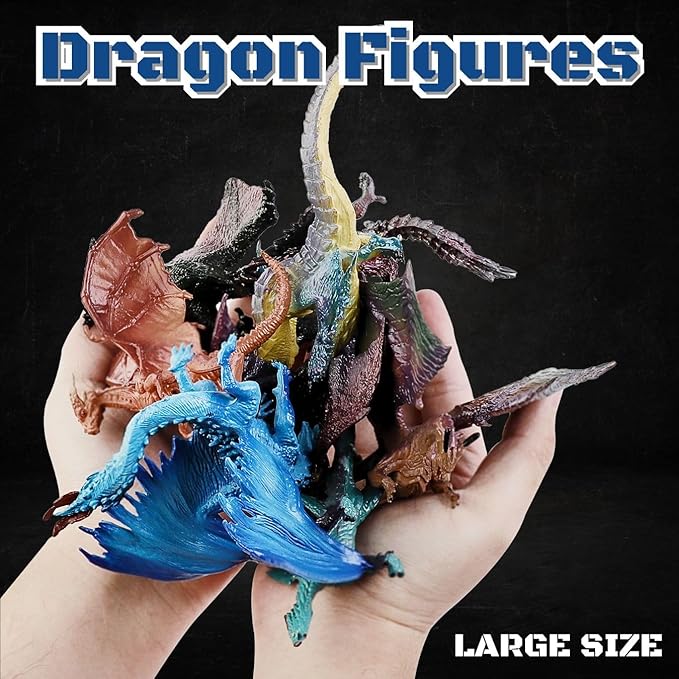 12 Pcs Dragon Toy Figures, 5" Large Realistic Hand Painted Mythical Figurines, Assorted Designs for Kids Party Favors & Cake Toppers