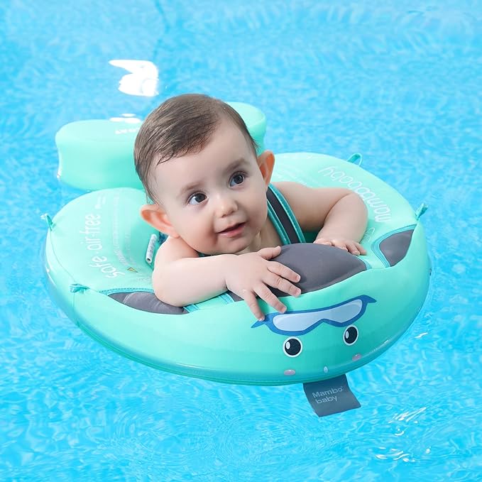 Mambobaby Float Add Tail Baby Swim Float with Canopy, Non-Inflatable Solid Baby Float, Upgrade Soft Skin-Friendly Fabric Material Infant Swim Float (Special Edition Green)