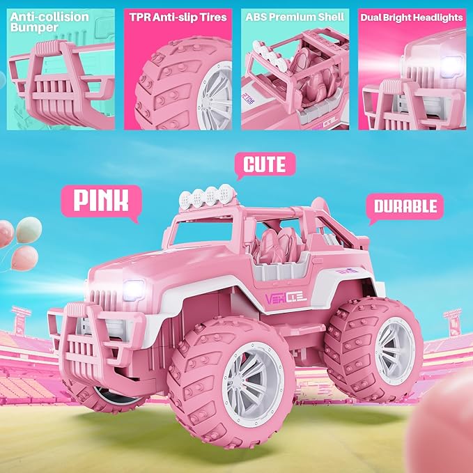 BEZGAR Remote Control Car for Girls - 1:16 Pink RC Cars with 4 Windmills, 2.4GHz with LED Lights, 80 Mins Play with Rechargeable Battery, Truck Jeep Toys for Kids