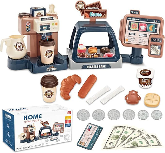 Pretend Play Coffee Maker Toy Role Play Coffee Shop Party Playset with Coffee Machine Cash Registers Toy Food Dessert Donuts Cakes Set Early Learning Funtional Toy for Kids Birthday