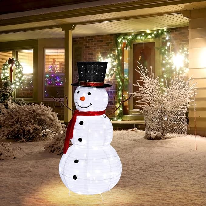 Snowman Outdoor Christmas Decorations with 120 LED Lights, 4ft Lighted Snowman with Metal Stand, Holiday Ornaments Xmas Decor for Home Porch Patio Yard Party (White, 23.62“ x 23.62” x 47.24“)