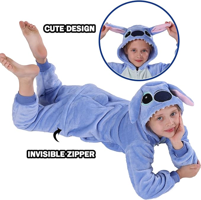 Kids Blue One-Piece Onesie Halloween Plush Jumpsuit Cosplay Costume for Girls and Boys