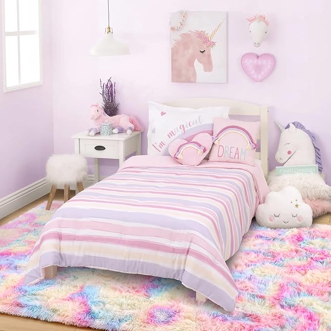 Ompaa Rainbow 9x12 Feet Area Rugs, Large Rainbow Rug for Girls Bedroom, Pastel Unicorn Kawaii Tie Dye Carpet for Teens Dorm Classroom Aesthetic, Shaggy Nursery Rug for Baby Princess Room